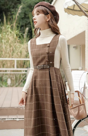 Belted Plaid Pinafore Dress