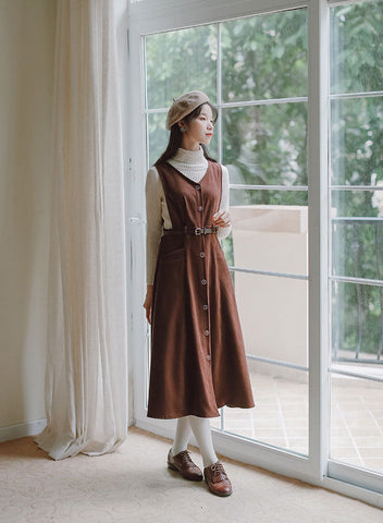 Button Up Suede Pinafore Dress