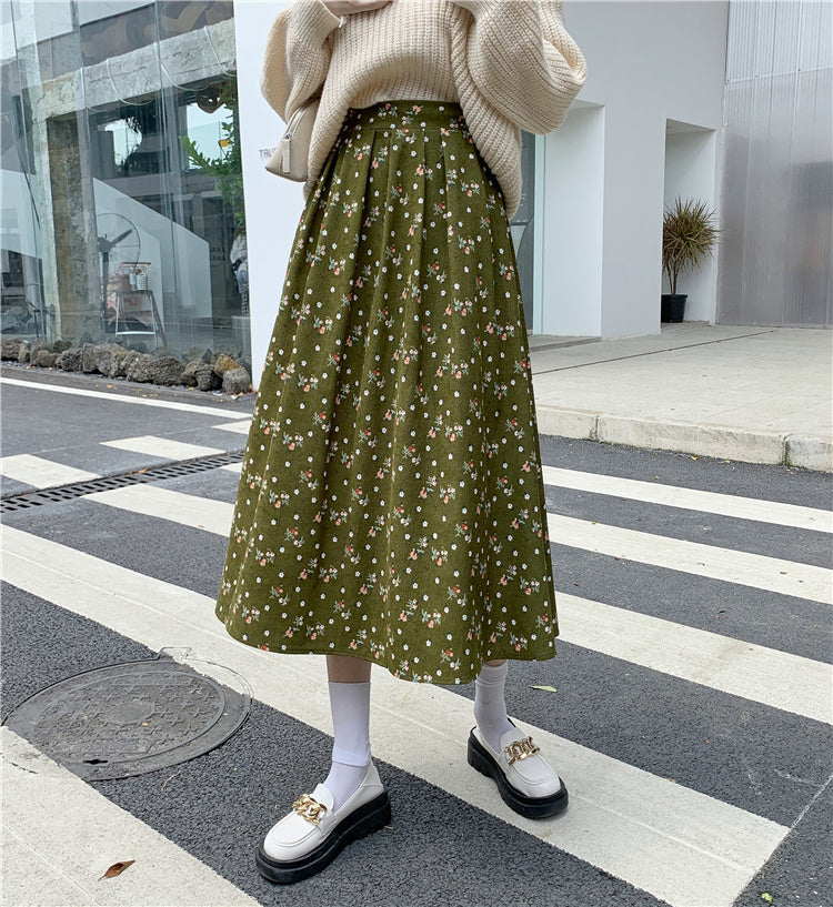 Raining Flowers Corduroy Midi Skirt