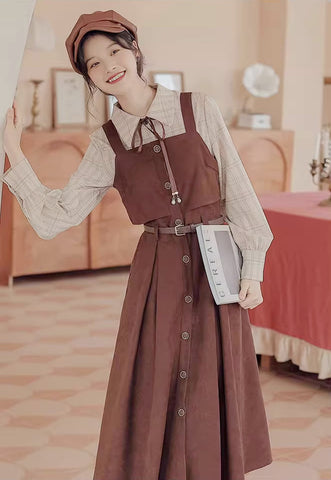 Suede Button Up Cami Pinafore Dress Set