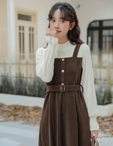 Corduroy Knit Belted Twofer Midi Dress