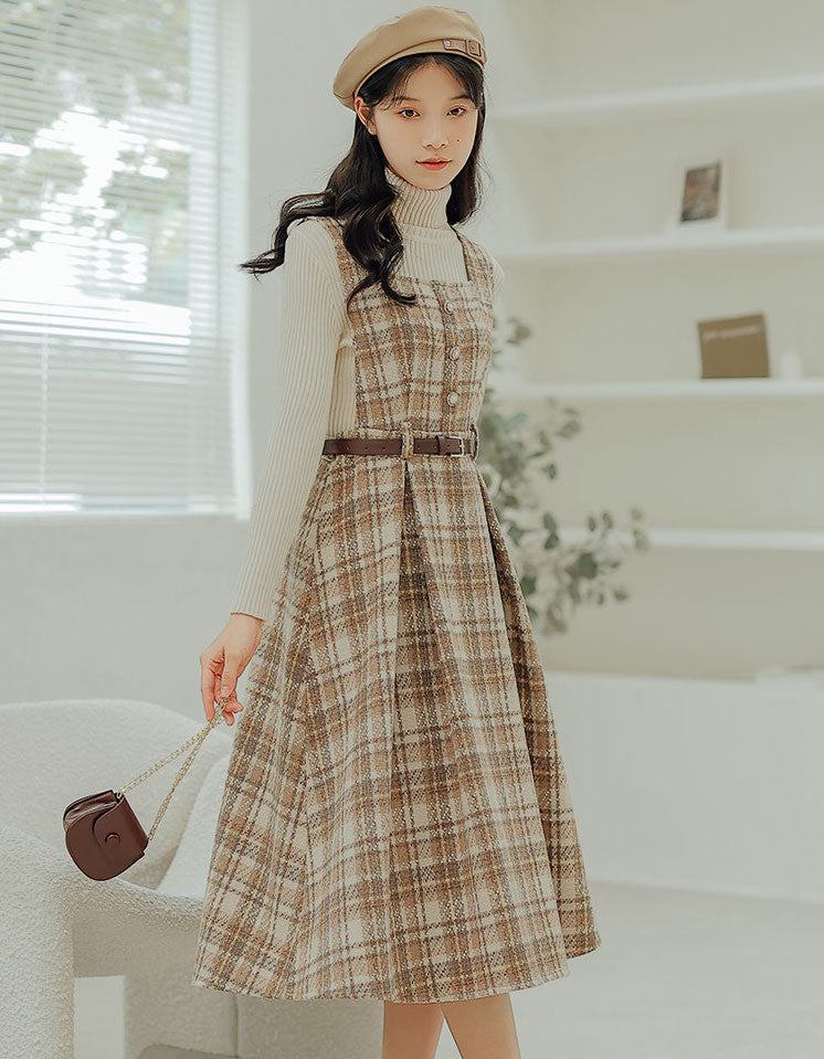 Vestido estilo pichi a cuadros color café con leche