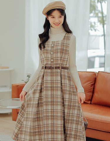 Vestido estilo pichi a cuadros color café con leche