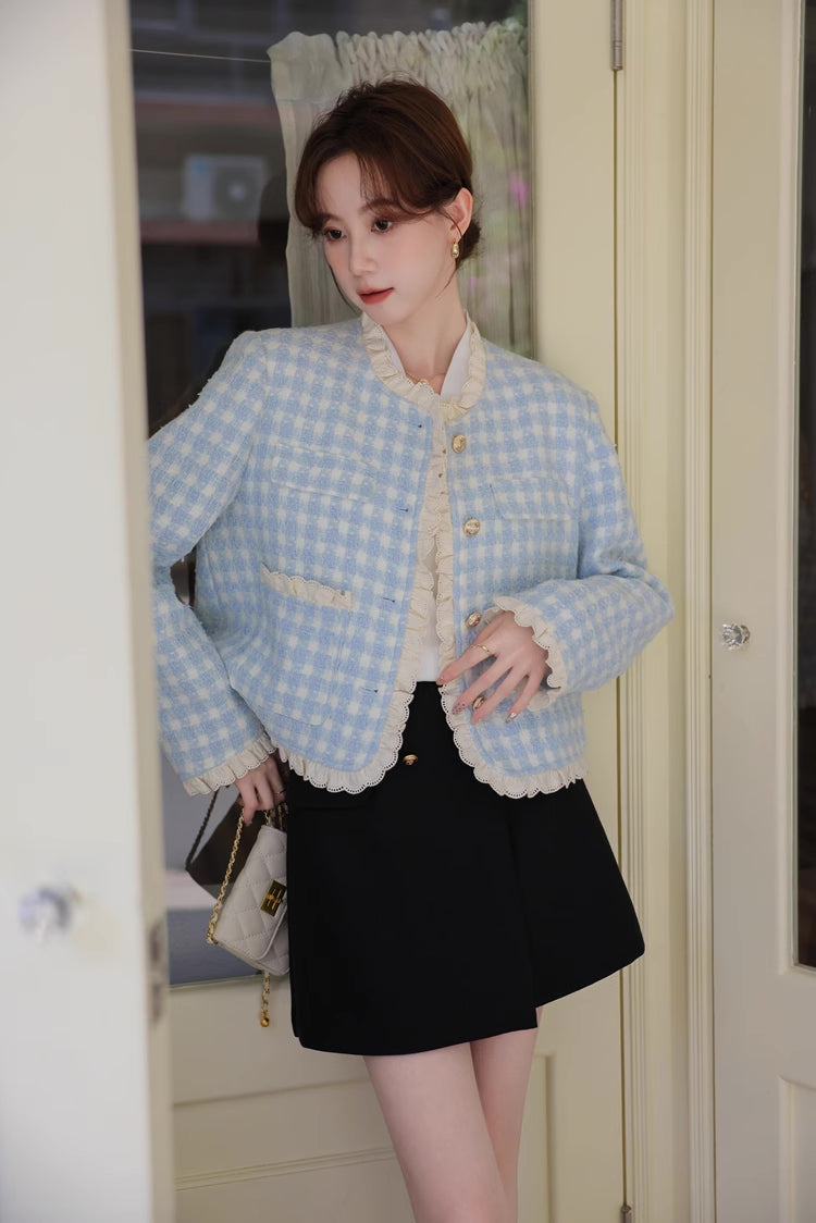 Gingham Lace Trim Tweed Jacket