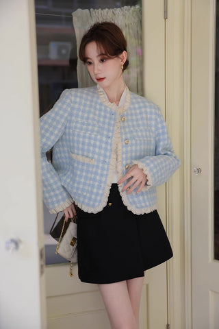 Chaqueta de tweed con ribete de encaje de cuadros vichy