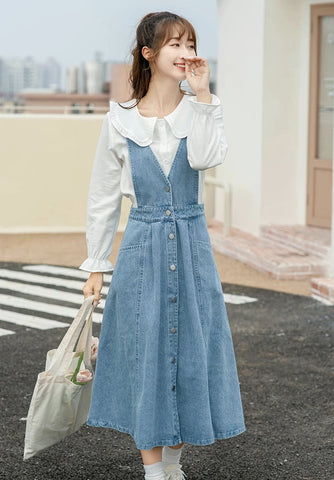 Button Denim Midi Pinafore Dress