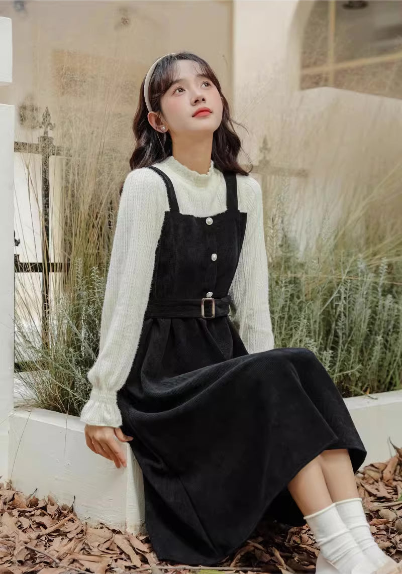 Corduroy Knit Belted Twofer Midi Dress