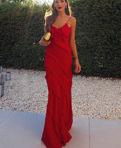 Ruffle Tie Backless Slip Maxi Dress - Red