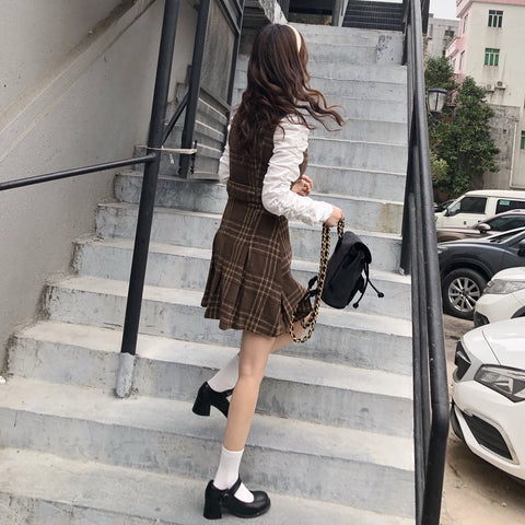 Coffee Plaid Pinafore Dress / Blouse