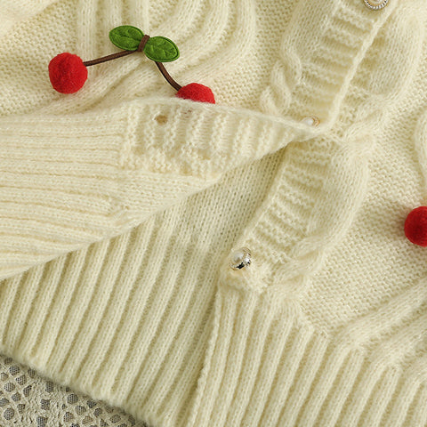 Cherry Pom Pom Cropped Cardigan