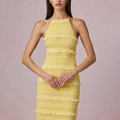 Ruffle Lace Backless Halter Neck Dress