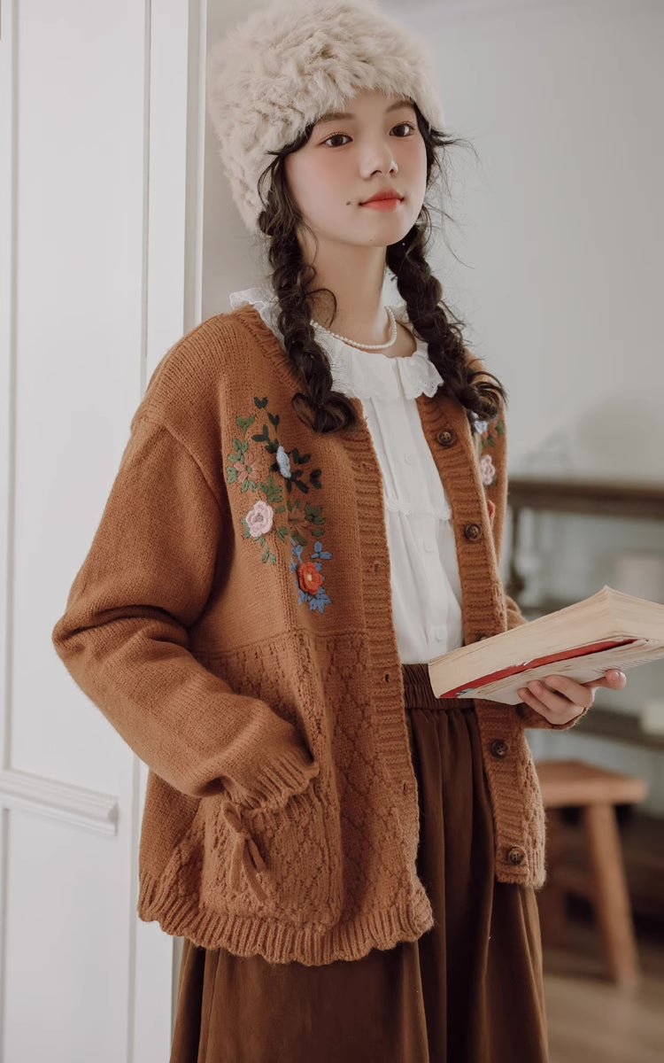 Grandma's Autumn Floral Embroidered Cardigan