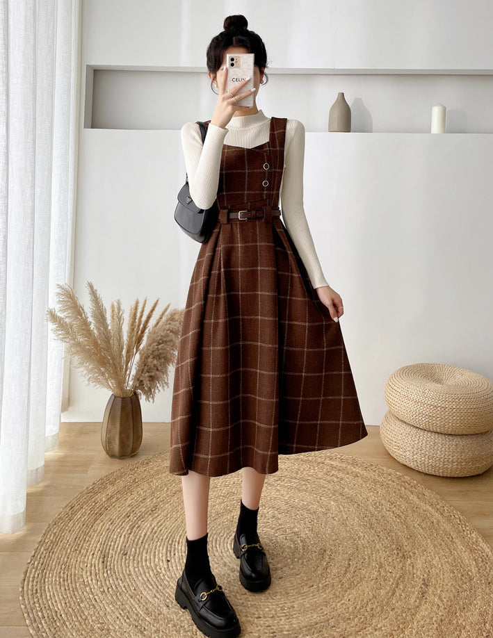 Plaid Pinafore Midi Dress