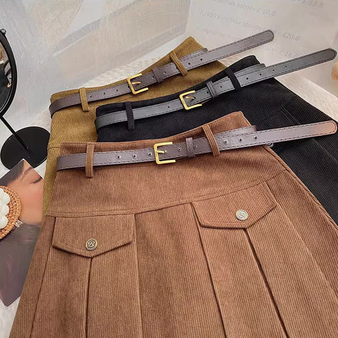 Corduroy Belted Pleat Skirt