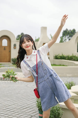 Rosy Days Embroidered Short Overalls