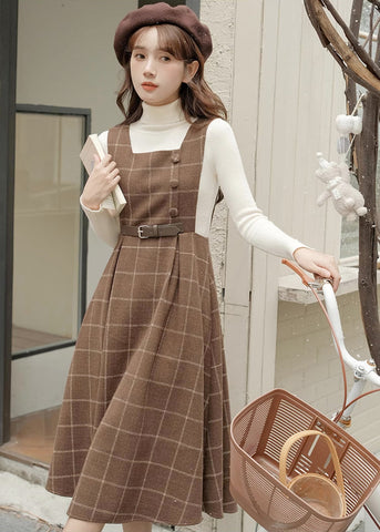 Belted Plaid Pinafore Dress