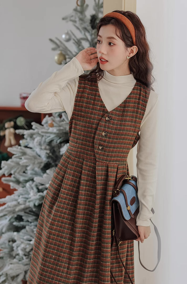 Fallen Leaves Plaid Pinafore Dress Set