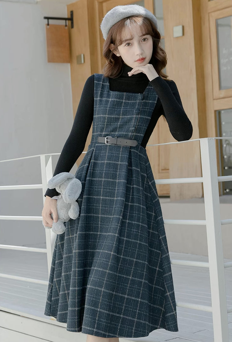 Belted Plaid Pinafore Dress