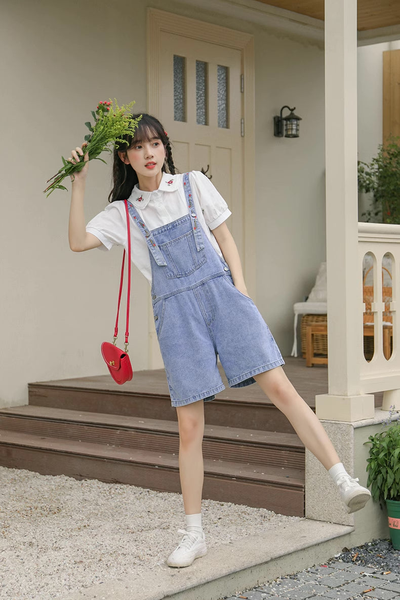 Rosy Days Embroidered Short Overalls