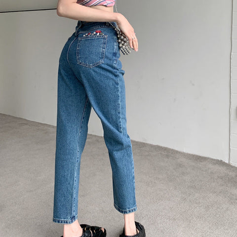 Mushroom Embroidered Mom Jeans