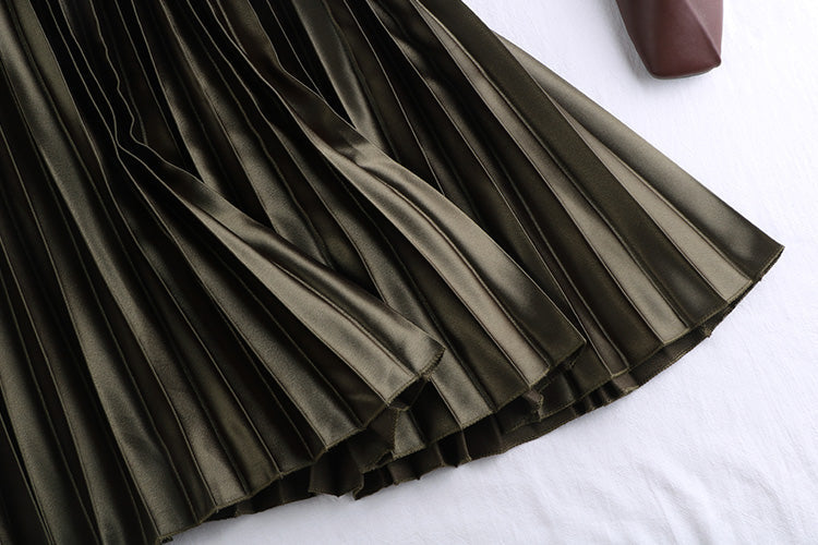 Pleated Satin Midi Skirt