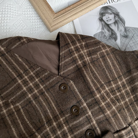 Coffee Plaid Pinafore Dress / Blouse