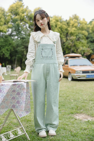 Flower Vines Embroidered Overalls