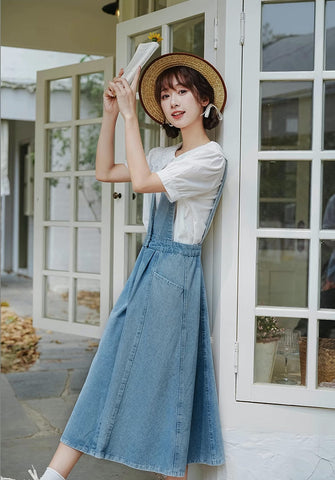 Button Denim Midi Pinafore Dress