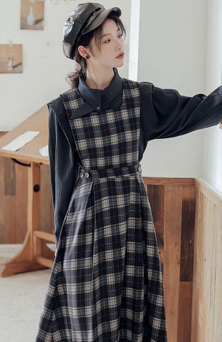 Crepe Plaid Pinafore Dress Set
