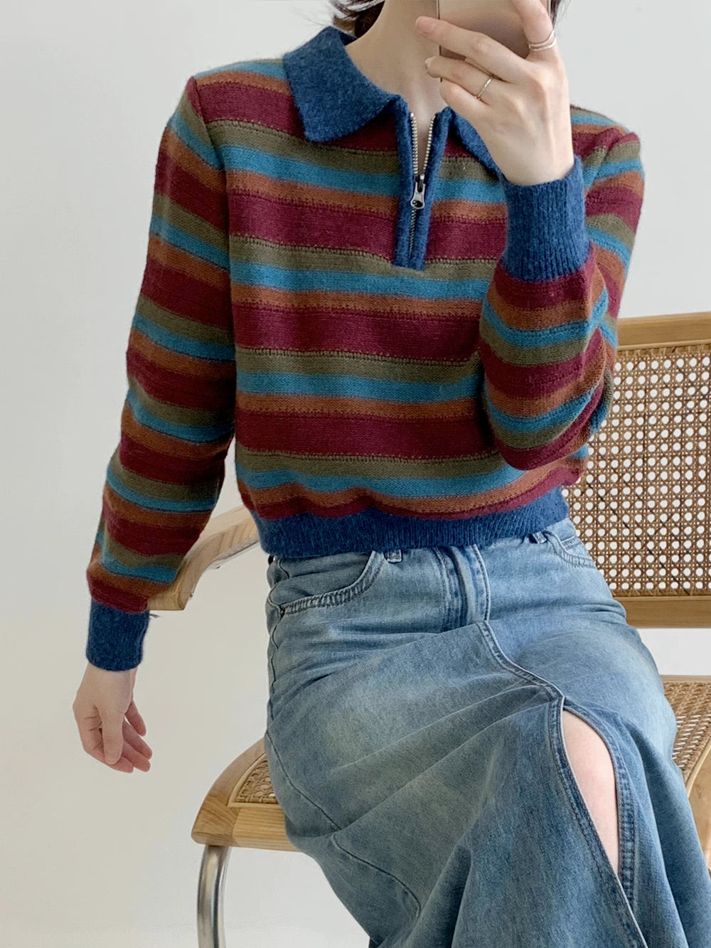 Autumn Vintage Stripe Polo Sweater