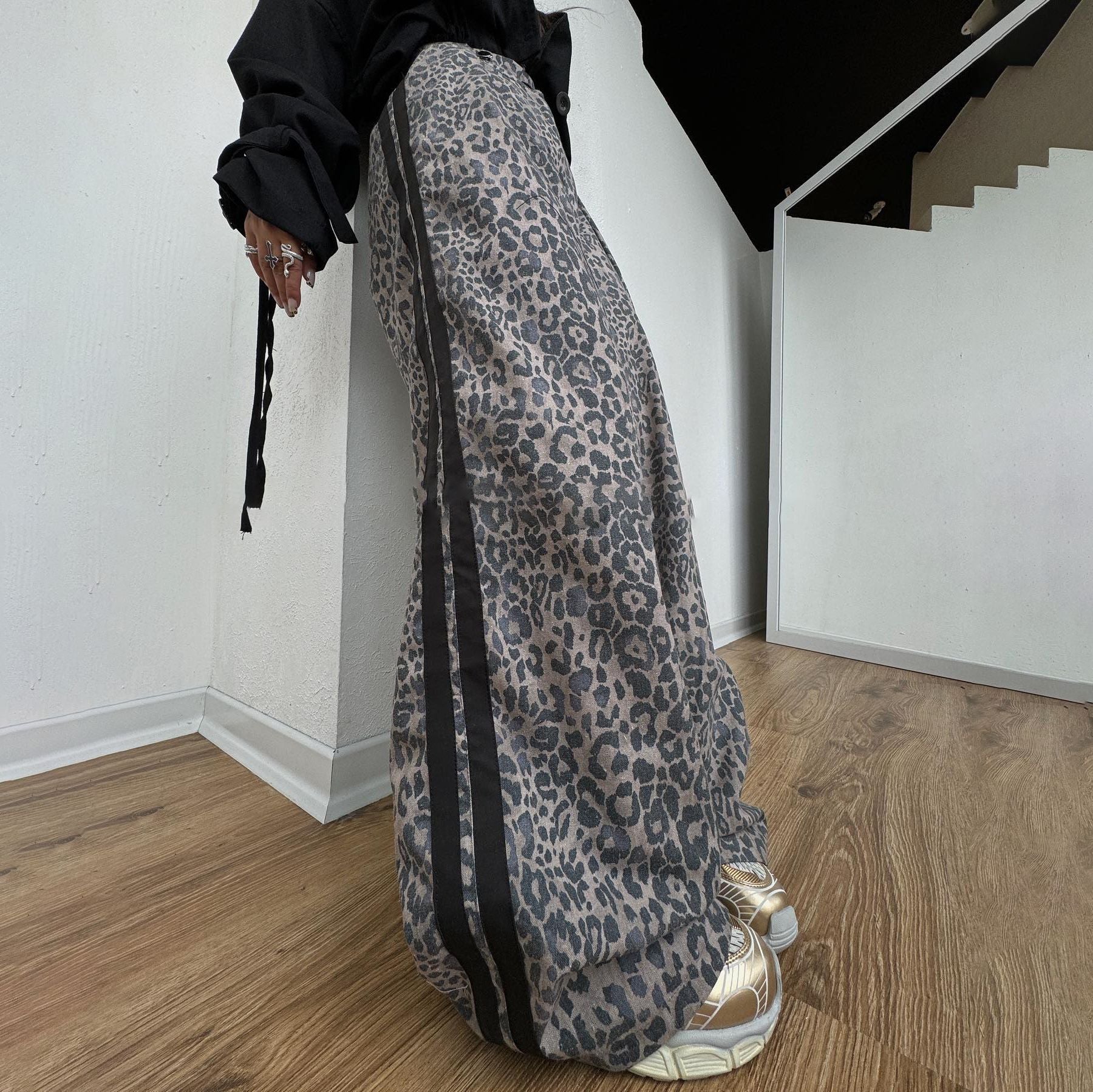 Leopard Print Striped Loose Wide-leg Trousers