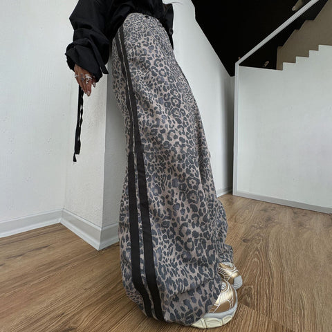 Leopard Print Striped Loose Wide-leg Trousers