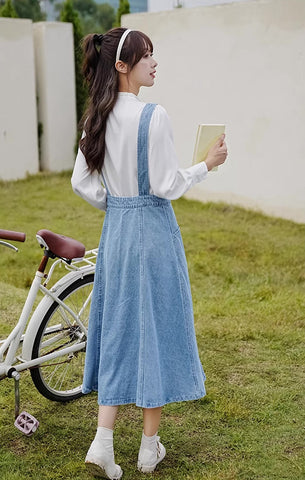 Button Denim Midi Pinafore Dress