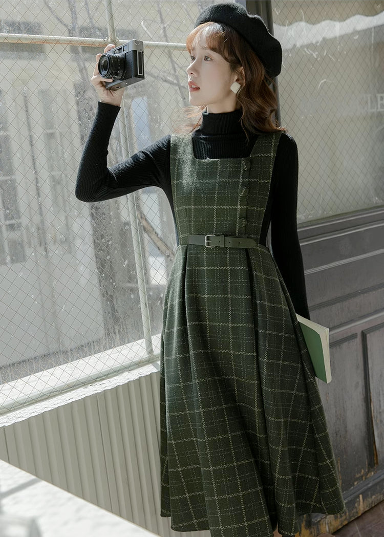 Belted Plaid Pinafore Dress