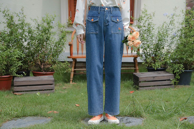 Embroidered Button Pocket Jeans