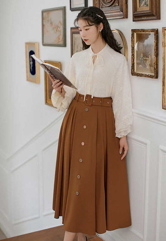 Classic Belted Button Midi Skirt