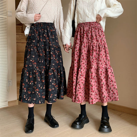 Rose Corduroy Tiered Midi Skirt