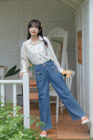 Embroidered Button Pocket Jeans