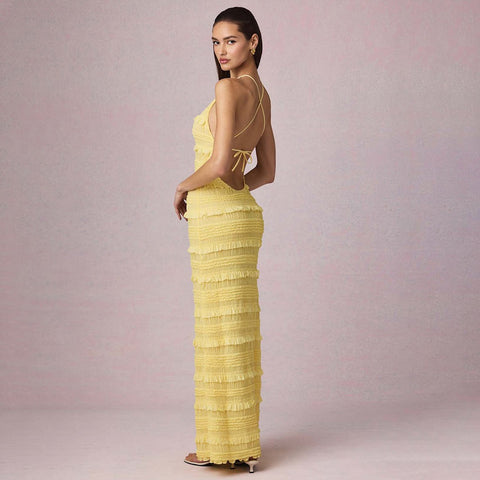 Ruffle Lace Backless Halter Neck Dress