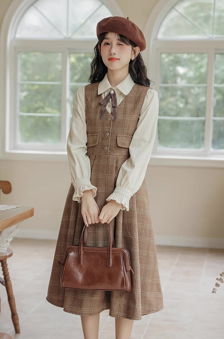 Acorn Plaid Midi Pinafore Dress