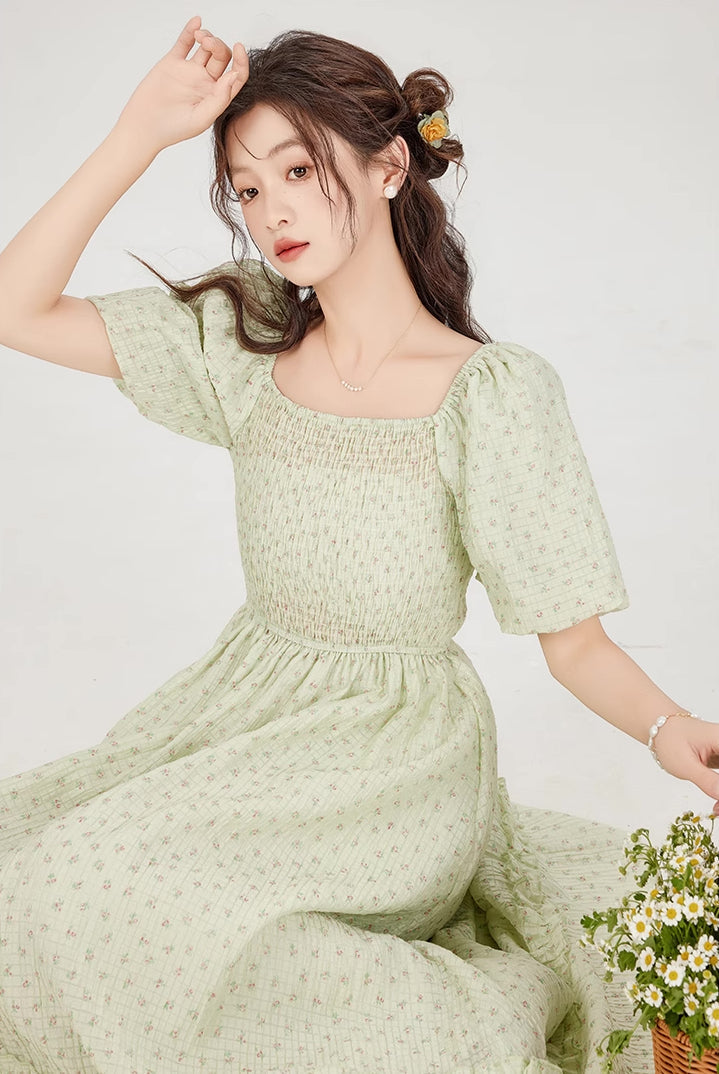 Minty Floral Puff Sleeve Midi Dress