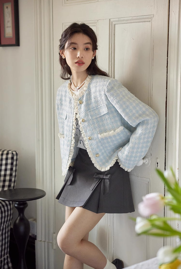 Gingham Lace Trim Tweed Jacket