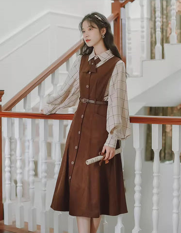 Button Up Suede Pinafore Dress