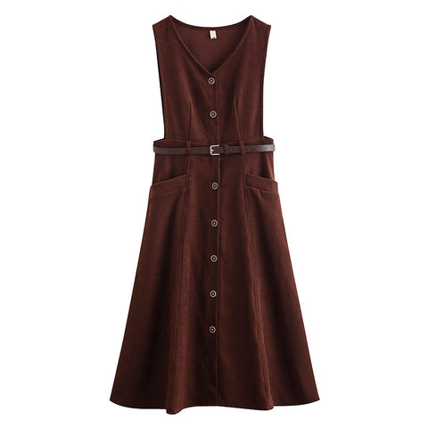 Button Up Suede Pinafore Dress