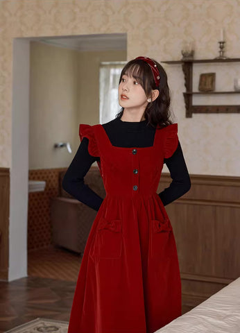 Velvet Frilly Bow Pinafore Dress