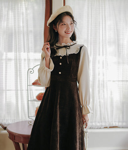Frilly High Neck Corduroy Sweater Dress