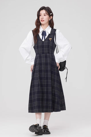 Oxford Plaid Midi Pinafore & Blouse Set