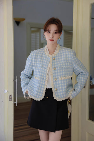 Gingham Lace Trim Tweed Jacket