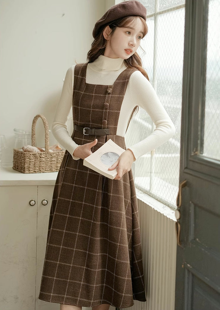 Belted Plaid Pinafore Dress