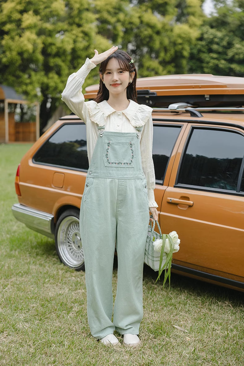 Flower Vines Embroidered Overalls